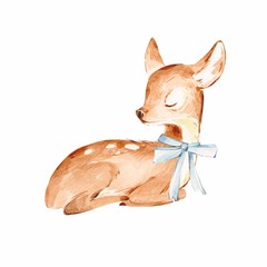 Cute Watercolor Baby Deer over white. Baby Deer with the blue ribbon. Isolated .