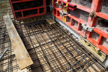 Reinforcement bars of an RC slab in a construction site.