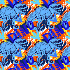 Abstract seamless vector pattern for girls, boys, clothes. Creative background with Jurassic period, dinosaur creative Funny wallpaper for textile and fabric. Fashion style. Colorful bright