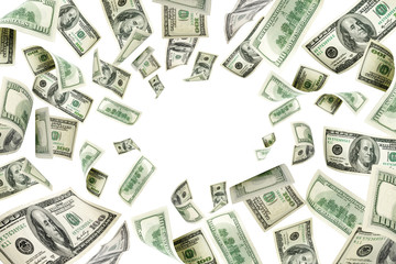 Money stack. Hundred dollars of America. Falling money isolated,