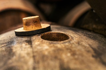 Production of fortified jerez, xeres, sherry wines in old oak barrels in sherry triangle, Jerez la Frontera, El Puerto Santa Maria and Sanlucar Barrameda Andalusia, Spain