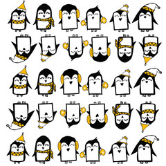 Vector line hand drawing penguins. Doodle character illustration.Cool design elements, perfect for prints, patterns for kids bedroom, book, magazine.Winter style clothing