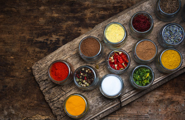 Large collection of spices in small bowls
