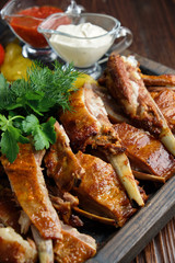 Barbecue on the bones with vegetables and potatoes . catering menu