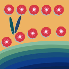 top view beach background with umbrellas, surfing boards and sea. aerial view of summer beach in paper craft style.paper cut and craft style. vector.