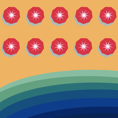 top view beach background with umbrellas, surfing boards and sea. aerial view of summer beach in paper craft style.paper cut and craft style. vector.