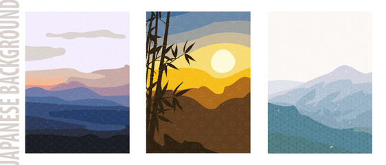 Trendy landscape backgrounds with Japanese pattern,  vector illustration