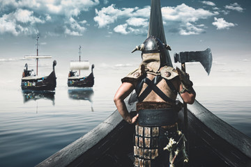 viking warrior sailing on northern sea