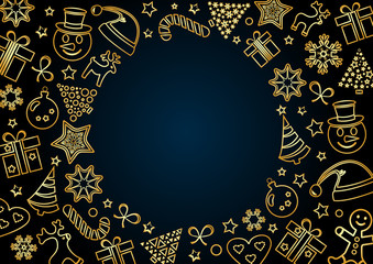 Golden Christmas frame on dark blue background, space for your text. Outline design. Vector