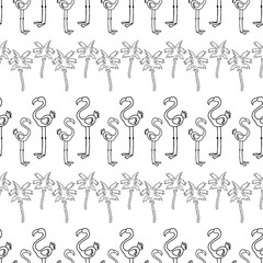 Seamless pattern of outlines cartoon flamingos and palm trees