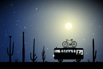 Cartoon retro car between cactuses on road on moonlit night. Vector illustration with silhouettes of parents with children traveling in camper. Family road trip. Full moon in starry sky