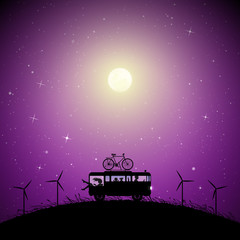Cartoon retro car between windmills on moonlit night. Vector illustration with silhouettes of parents with children traveling in camper. Family road trip. Full moon in starry sky