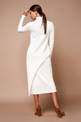 Pretty beautiful sexy elegance woman skin tan body fashion model glamor pose wear trend dress casual clothes party fall winter collection makeup hair style brunette success accessory jewelry studio.