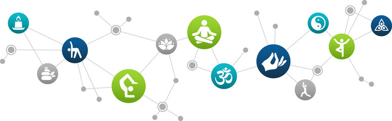 yoga icon concept: exercise / wellness / relaxation connected icons – vector illustration