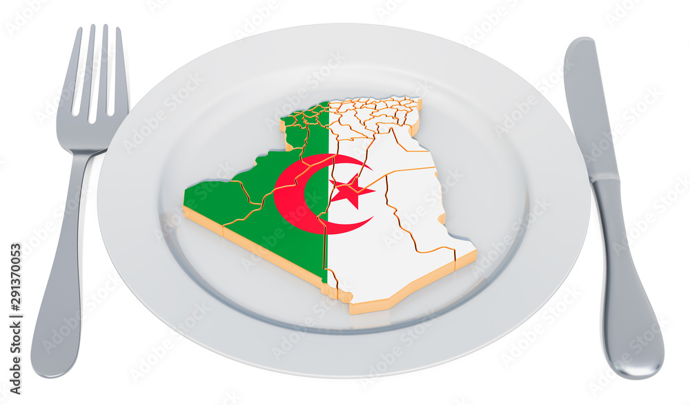 Poster algiers cuisine concept. plate with map of algeria. 3d rendering