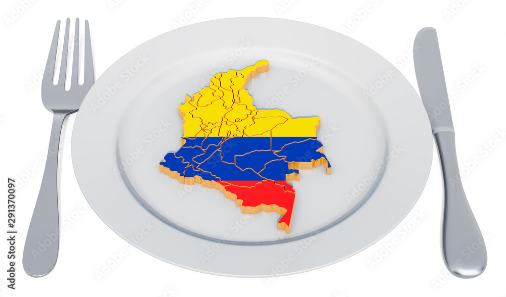 Poster columbian cuisine concept. plate with map of columbia. 3d rendering