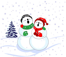 A vector illustration of  a snowman couple  with their arms around each other, wearing red and green colored scarves and hats, heads thrown back singing merrily.  