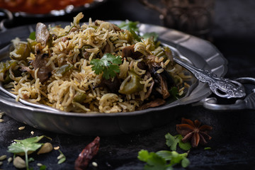 Indian Vegan Rice Pilaf with Okra and Mushrooms