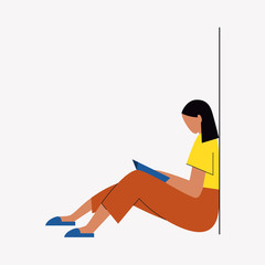 Woman sitting on the floor reading a book. Side view. Flat vector illustration