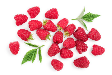 raspberries with leaves isolated on white background. Top view. Flat lay