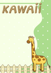 Fototapeta na wymiar Cute giraffe letter writing paper, Wooden fence border, Brown kawaii font and dot pattern on green background - Vector