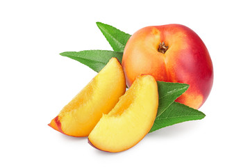 Nectarine fruit and half with leaf isolated on white background cutout