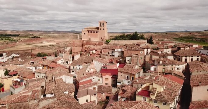 Aerial view of Cervera de la Canada cityscape with parish Church of Santa Tecla, Aragon, Spain