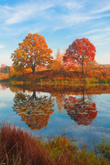 Beautiful autumn landscape, forest lake with reflection.