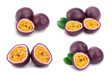 Set or collection whole passion fruits and a half with leaves isolated on white background. Isolated maracuya