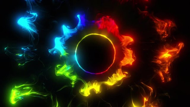 Multiple iridescent multicolored rainbow particle vivid colored gas glowing smoke pulsating shockwave circle explosions logo copy space copyspace top view animation alpha 4k VJ loop isolated on black