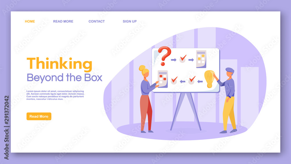 Poster thinking beyond the box landing page vector template. brainstorming website interface idea with flat