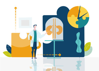 Doctor talking about organ transplantation.  Artificial human organ, human kidneys. Flask with artificial kidneys. The latest bioengineering technologies, health and medicine concept