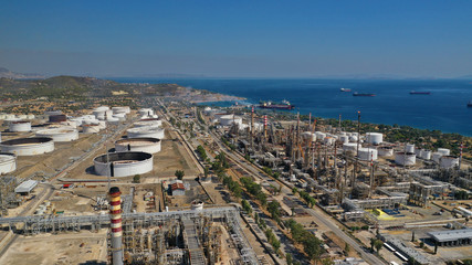 Aerial drone photo of famous full working plant and oil refinery in Corinth area, Greece