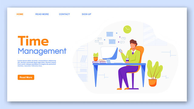 Time management landing page vector template. Office work website interface idea with flat illustrations. Workspace organization homepage layout. Business web banner, webpage cartoon concept