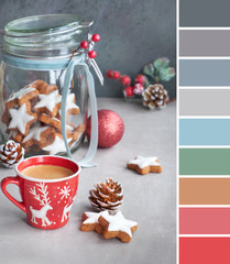 Color matching palette from photo of glass cookie jar with star gingerbread cookies and coffee cup