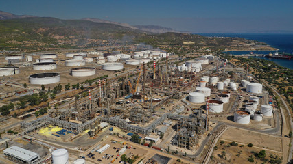 Aerial drone photo of famous full working plant and oil refinery in Corinth area, Greece
