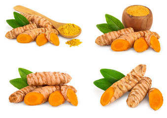 Set or collection turmeric powder and turmeric root isolated on white background with copy space...