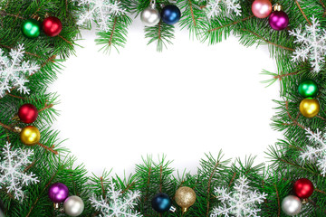 Christmas frame decorated with snowflakes and balls isolated on white background with copy space for your text.
