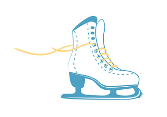 ice skates with bright laces. White classic figure skate in line style. Sport equipment logo. Vector Illustration isolated on white background.