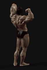Half diagonal pose from fit man with huge muscle full lenght 3d render