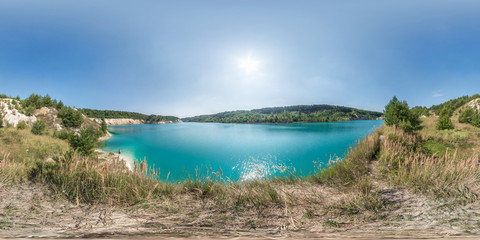full seamless spherical hdri panorama 360 degrees angle view on chalkpit on limestone coast of huge turquoise lake in summer day in equirectangular projection with zenith and nadir, VR content - obrazy, fototapety, plakaty