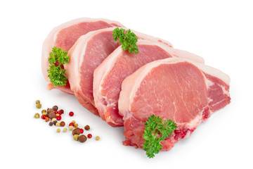 sliced raw pork meat with parsley and peppercorn isolated on white background