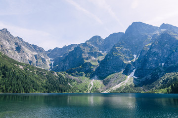 Fototapeta na wymiar mountain view with beautiful lake, scenic landscape wallpaper. S