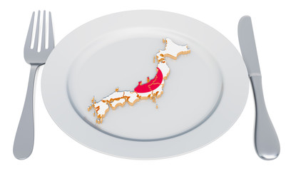 Japanese cuisine concept. Plate with map of Japan. 3D rendering