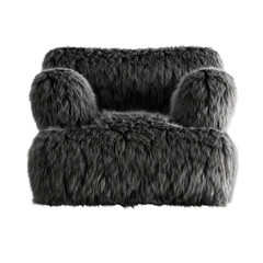 Beautiful black fluffy chair made of wool on an isolated background front view. 3D rendering