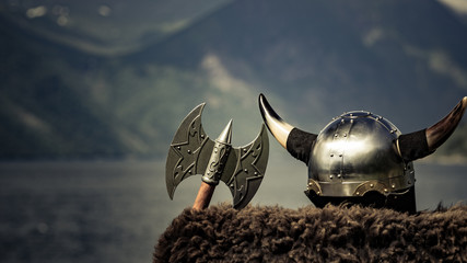 Viking helmet on fjord shore, Norway - obrazy, fototapety, plakaty