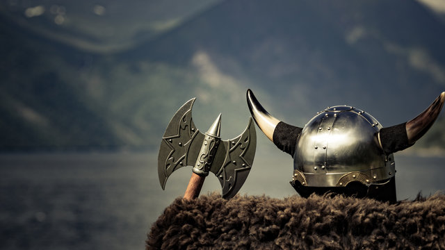 Viking helmet on fjord shore, Norway