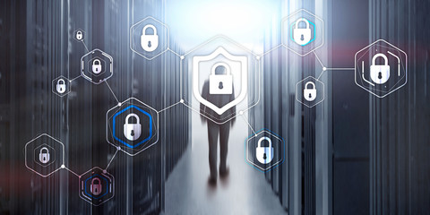 Cyber security data protection information privacy concept of blurred server room background.