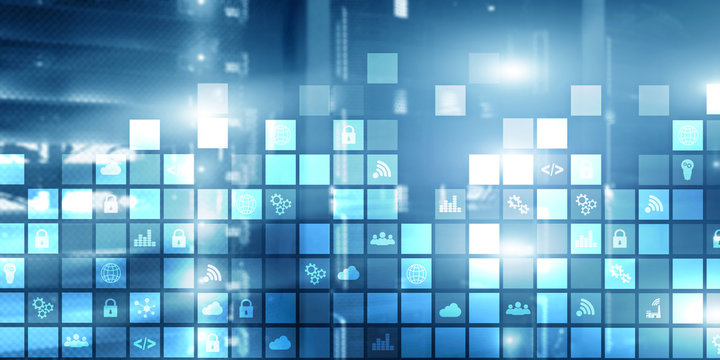 Digital abstract background pixelated icons blurred modern server room. Technology telecommunication Iot internet of thing concept. - Powered by Adobe