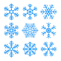 Set of vector blue snowflakes. Isolated icon on white background.